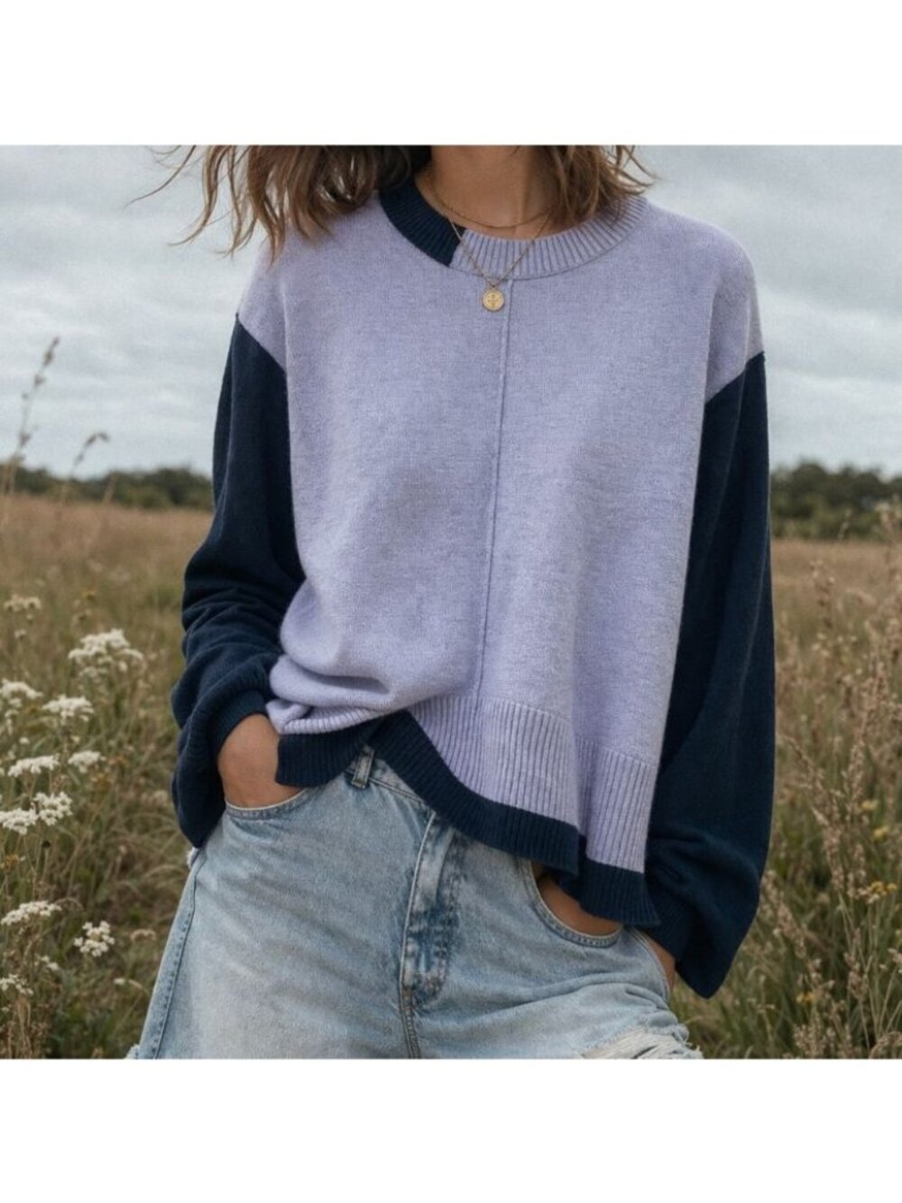 Elliott Lauren Block Party Color Block Crew Neck Sweater Purple Size M Cashmere